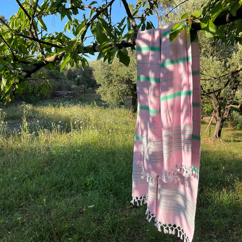 Serviette pendue sur une branche d'arbre rose et verte